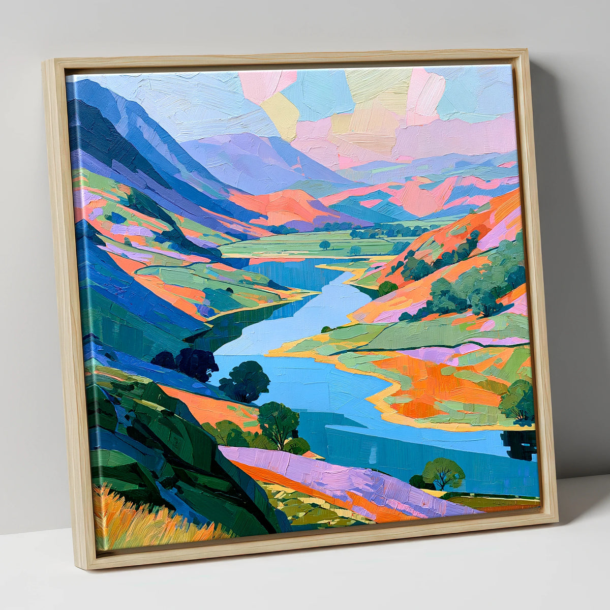Vibrant Valley Lake and Fells lake district lake canvas wall art in natural frame