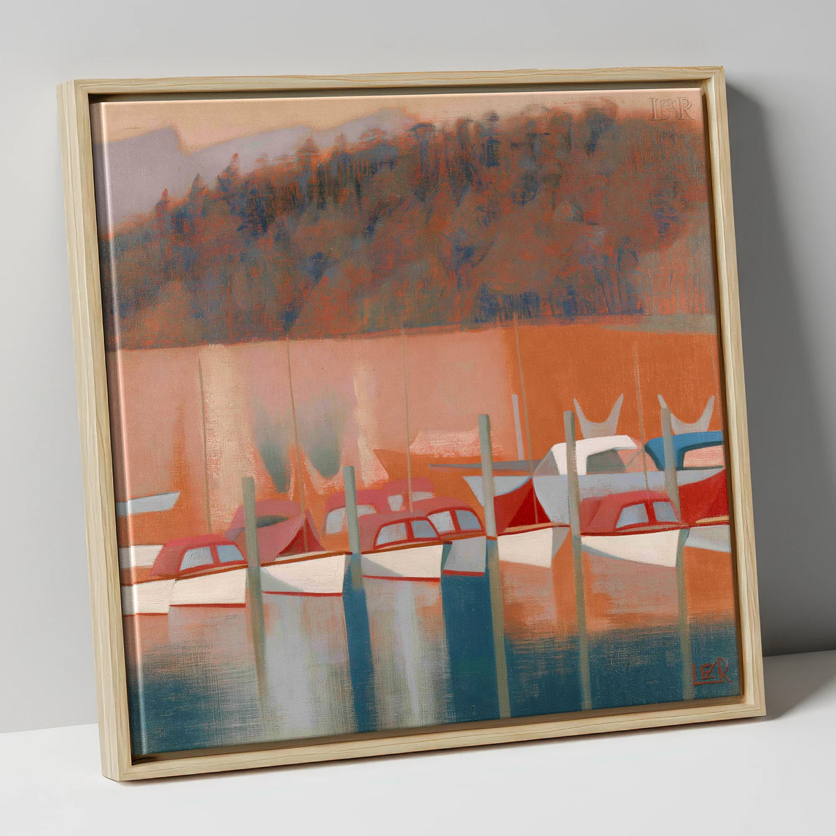 Windermere Boats in Terracotta Light lake district lake canvas wall art in natural frame