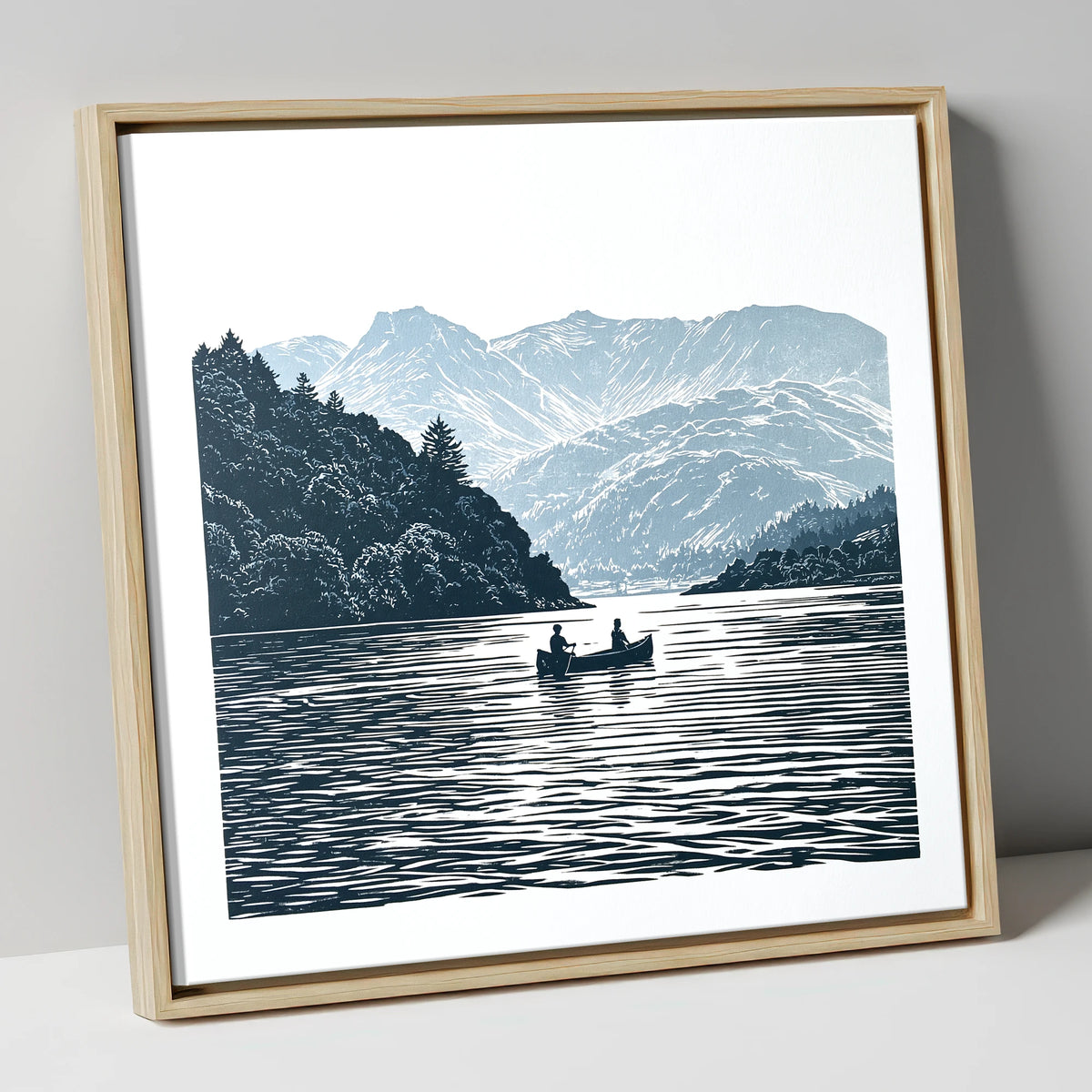 Windermere Canoe In Deep Blue lake district lake canvas wall art in natural frame