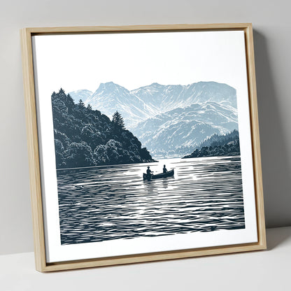 Windermere Canoe In Deep Blue lake district lake canvas wall art in natural frame