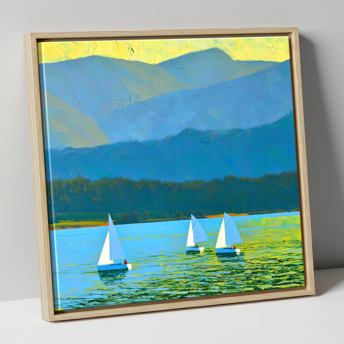 Windermere Sailboats Against Blue Fells lake district lake canvas wall art in natural frame