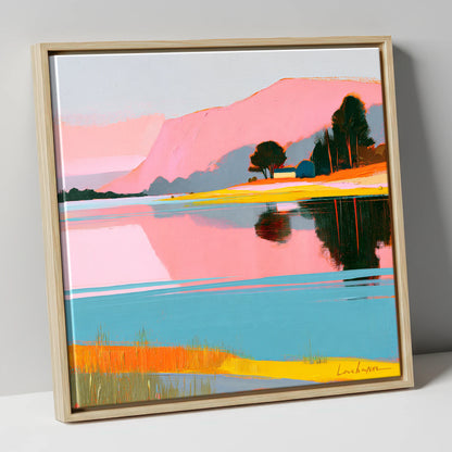 Still Lake and Pink Fells lake district lake canvas wall art in natural frame
