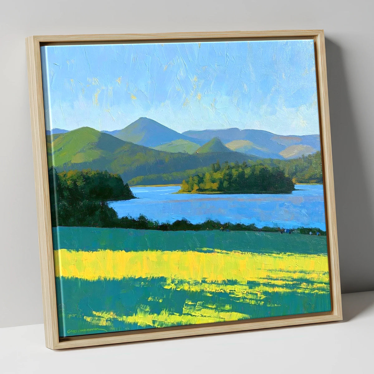 Sunlit Derwentwater From Crow Park lake district village canvas wall art in natural frame