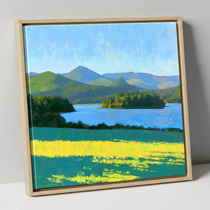 Sunlit Derwentwater From Crow Park lake district village canvas wall art in natural frame