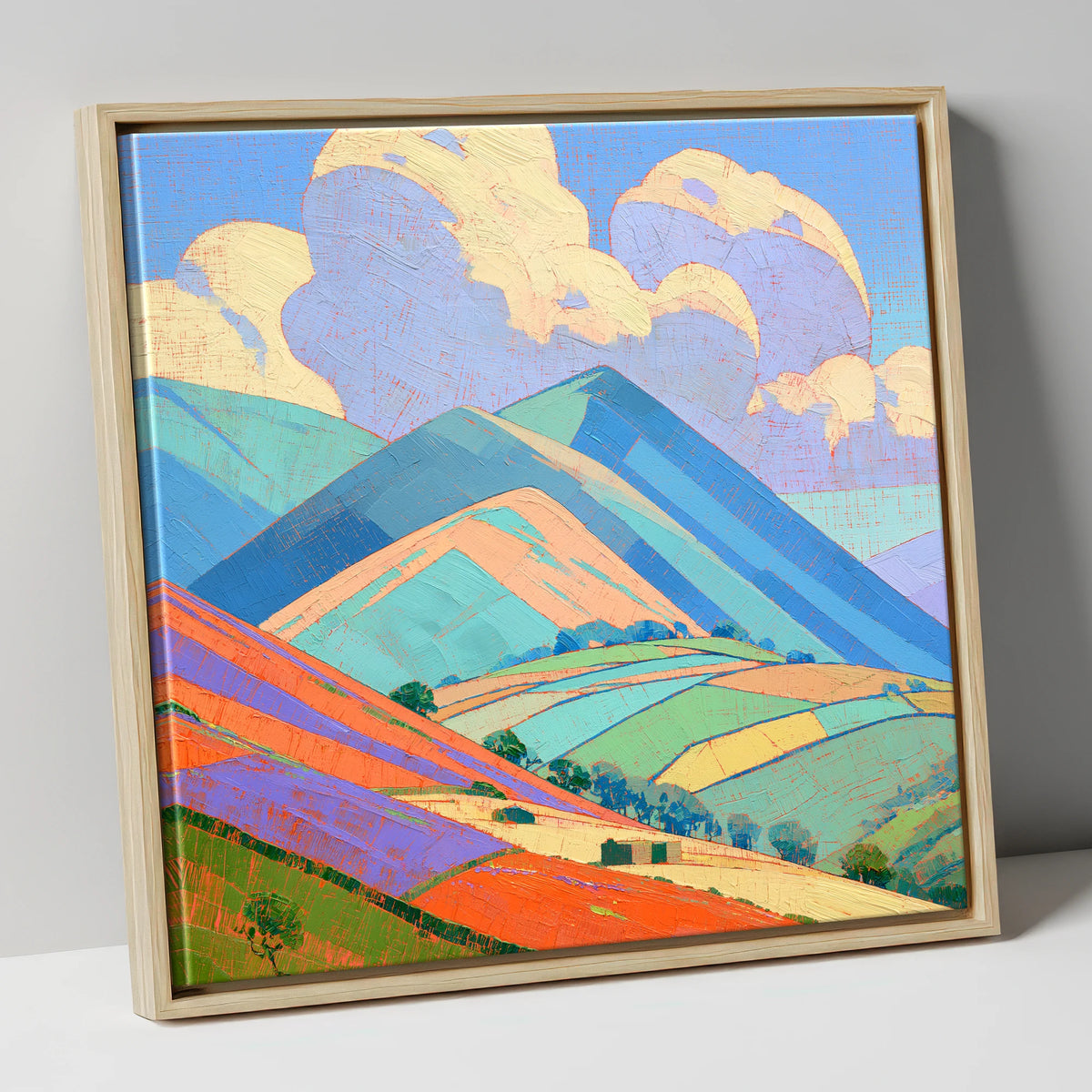Turquoise and Orange Rolling Fells lake district fell canvas wall art in natural frame