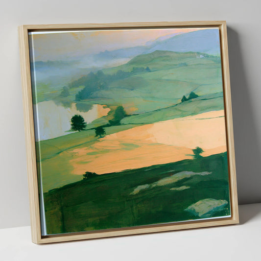 Misty Valley In Apricot Light lake district sky canvas wall art in natural frame