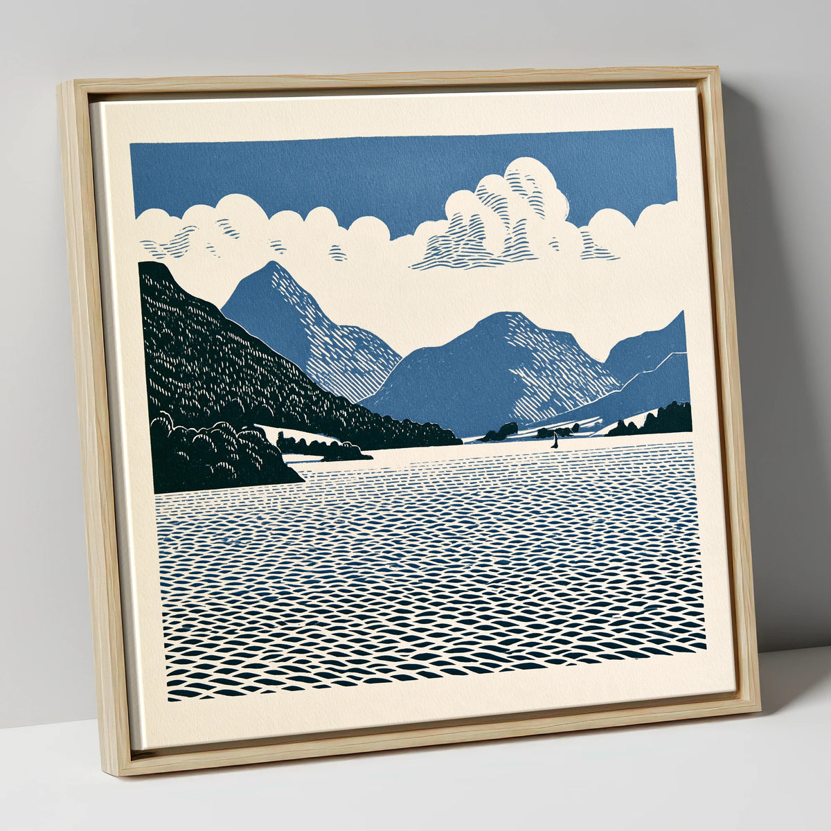 Graphic Navy Ullswater Landscape lake district lake canvas wall art in natural frame