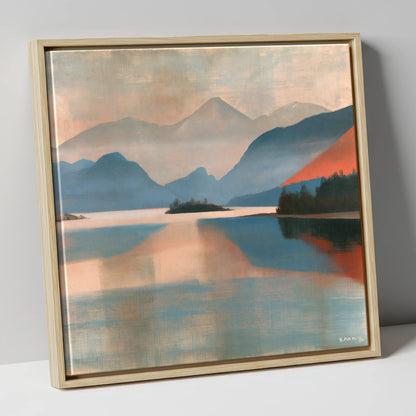 Terracotta Sunset on Derwentwater lake district lake canvas wall art in natural frame
