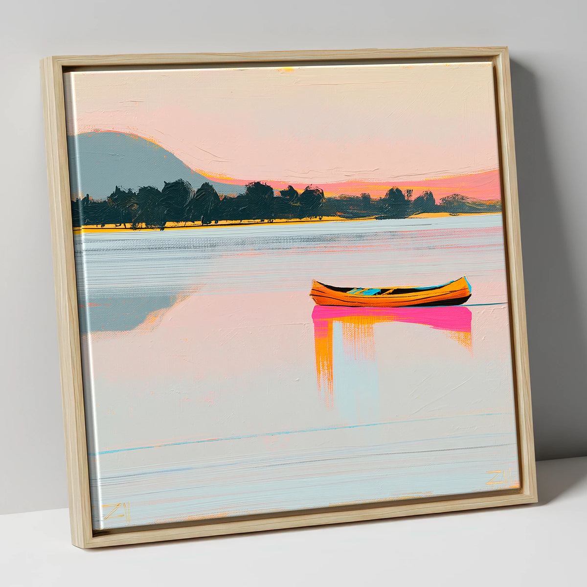 Bright Wooden Canoe on Windermere lake district lake canvas wall art in natural frame