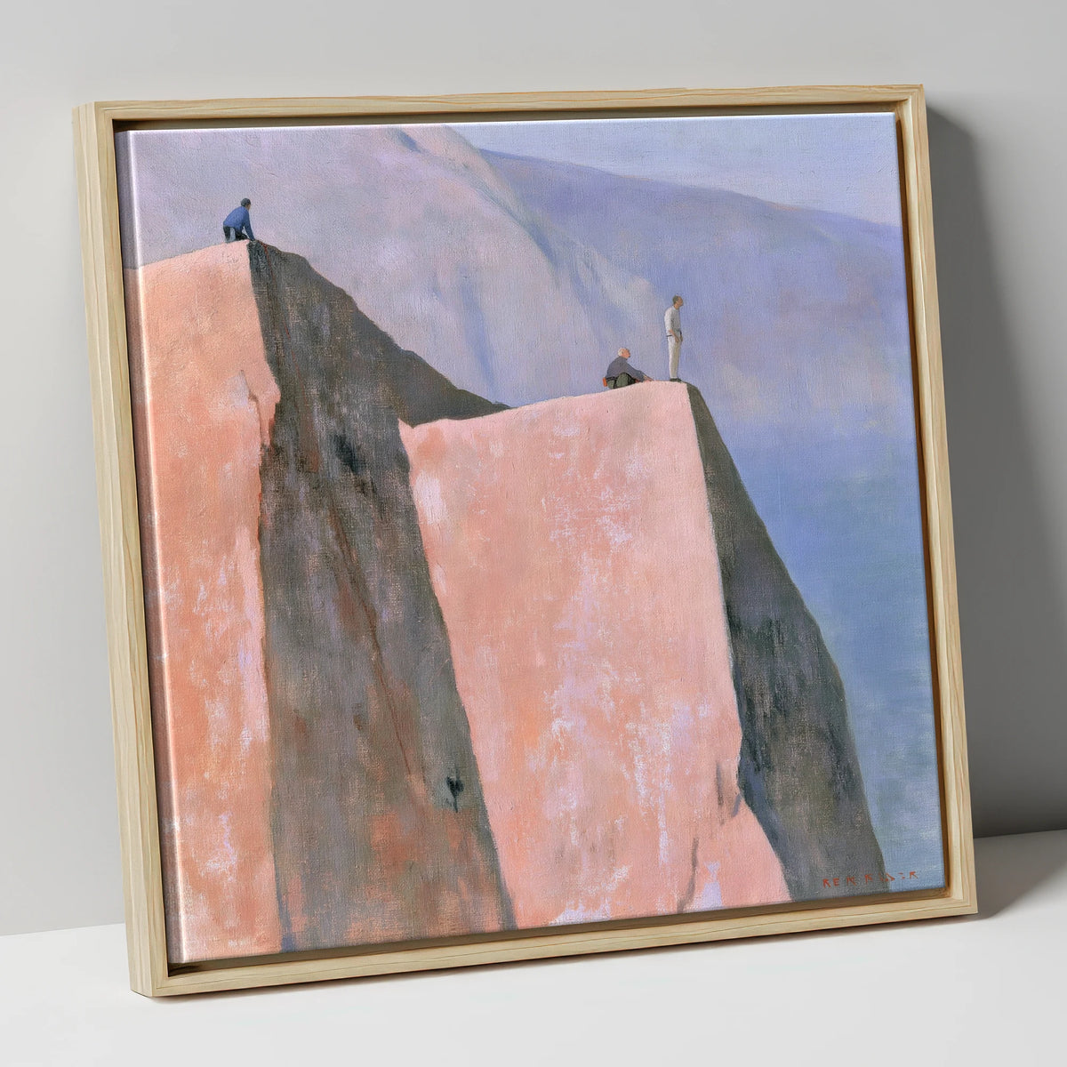 Climbers on a Pastel Crag lake district walking canvas wall art in natural frame