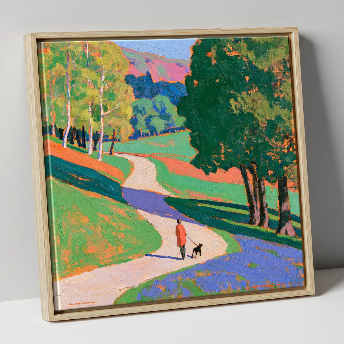 Vibrant Grasmere Dog Walk gifts for dog walkers canvas wall art in natural frame