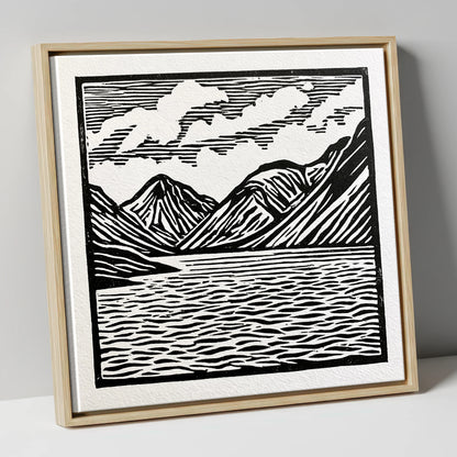 Wastwater Fells in Monochrome lake district lake canvas wall art in natural frame
