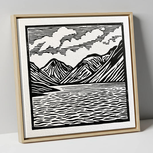 Wastwater Fells in Monochrome lake district lake canvas wall art in natural frame