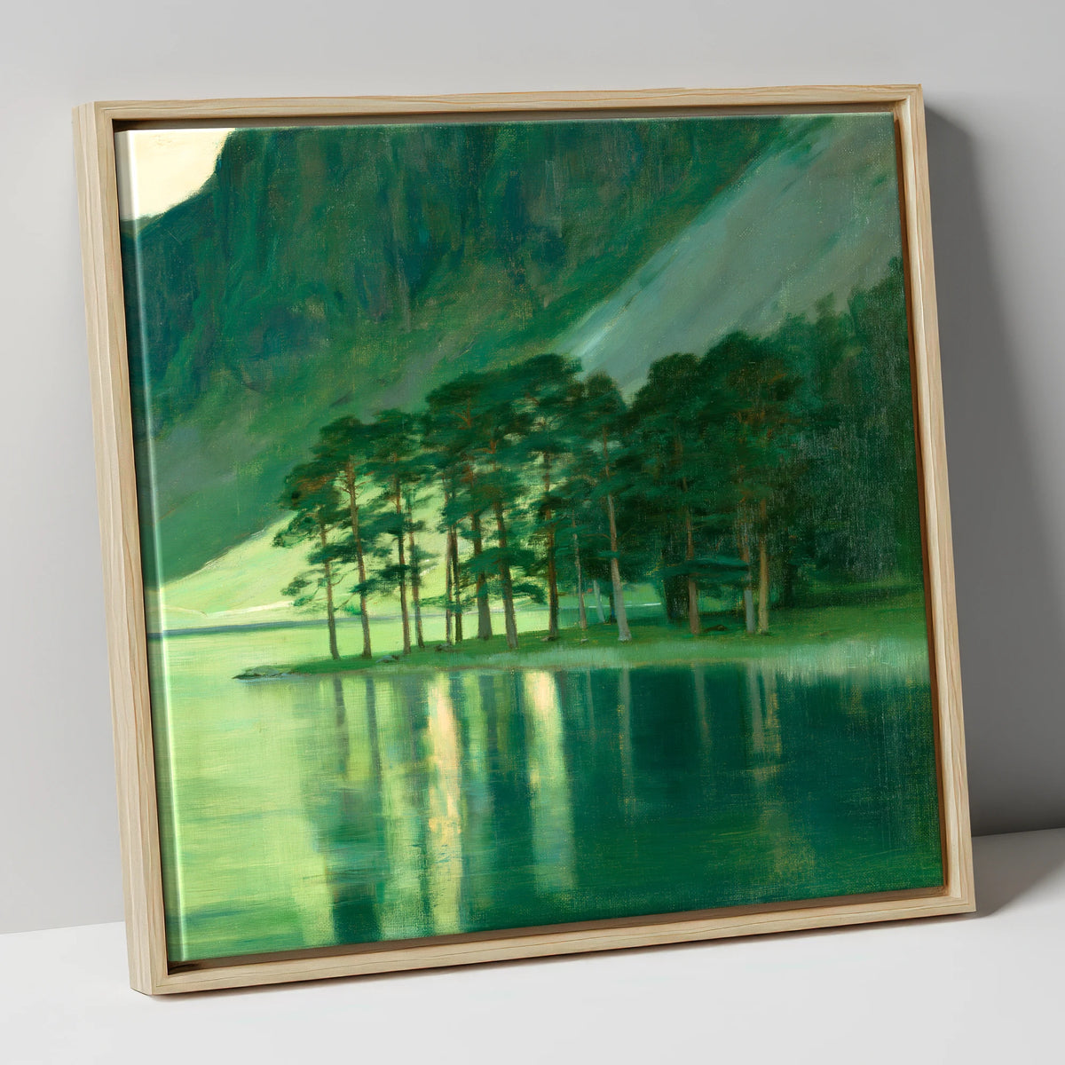 Buttermere Pines in Emerald Light lake district lake canvas wall art in natural frame