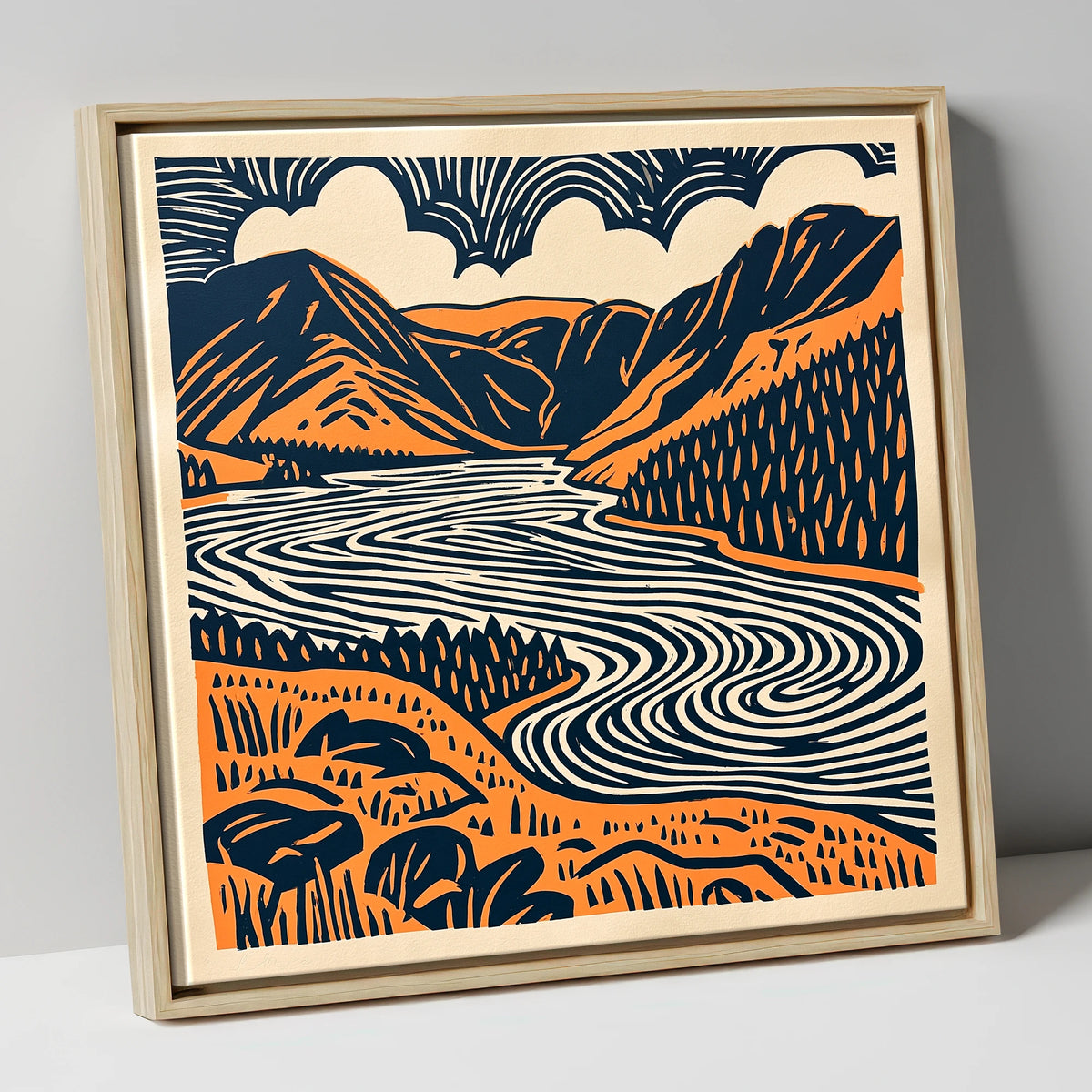 Navy and Terracotta Crummock Water lake district lake canvas wall art in natural frame