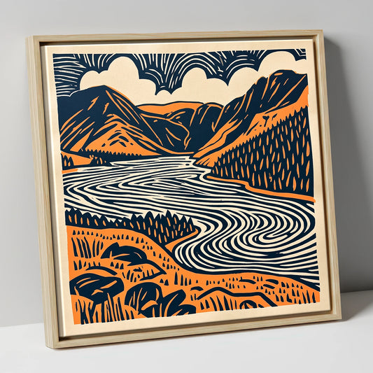 Navy and Terracotta Crummock Water lake district lake canvas wall art in natural frame