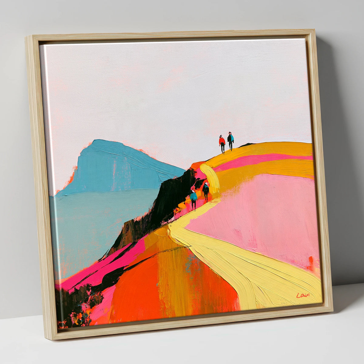 Walkers on a Vibrant Ridge lake district walking canvas wall art in natural frame