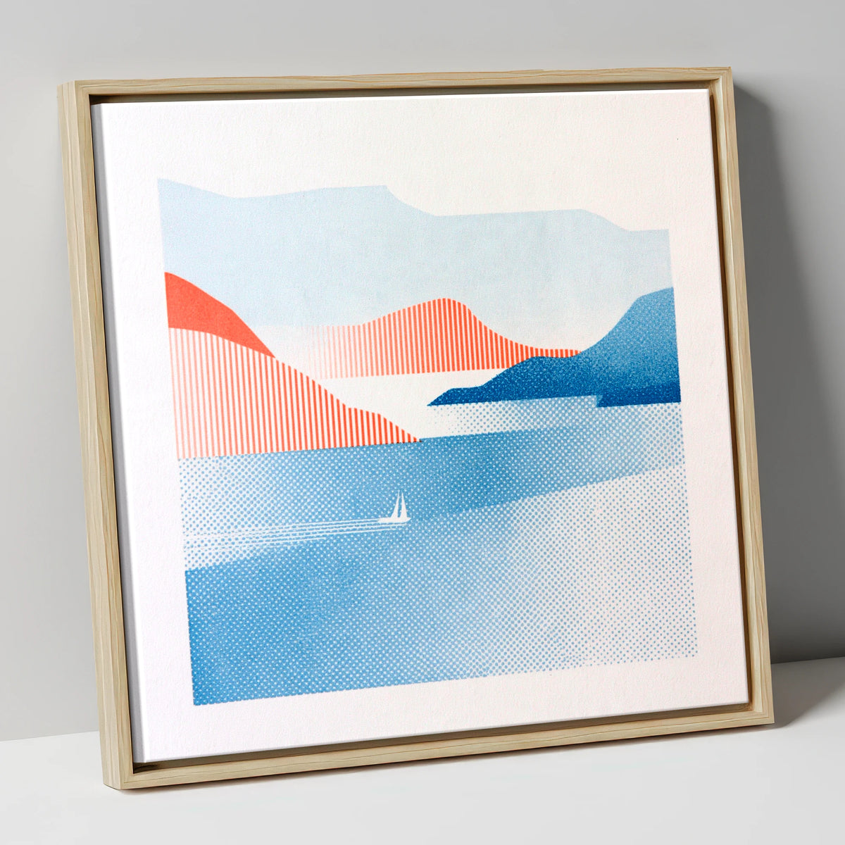 Graphic Sailboat on Lake Windermere lake district lake canvas wall art in natural frame