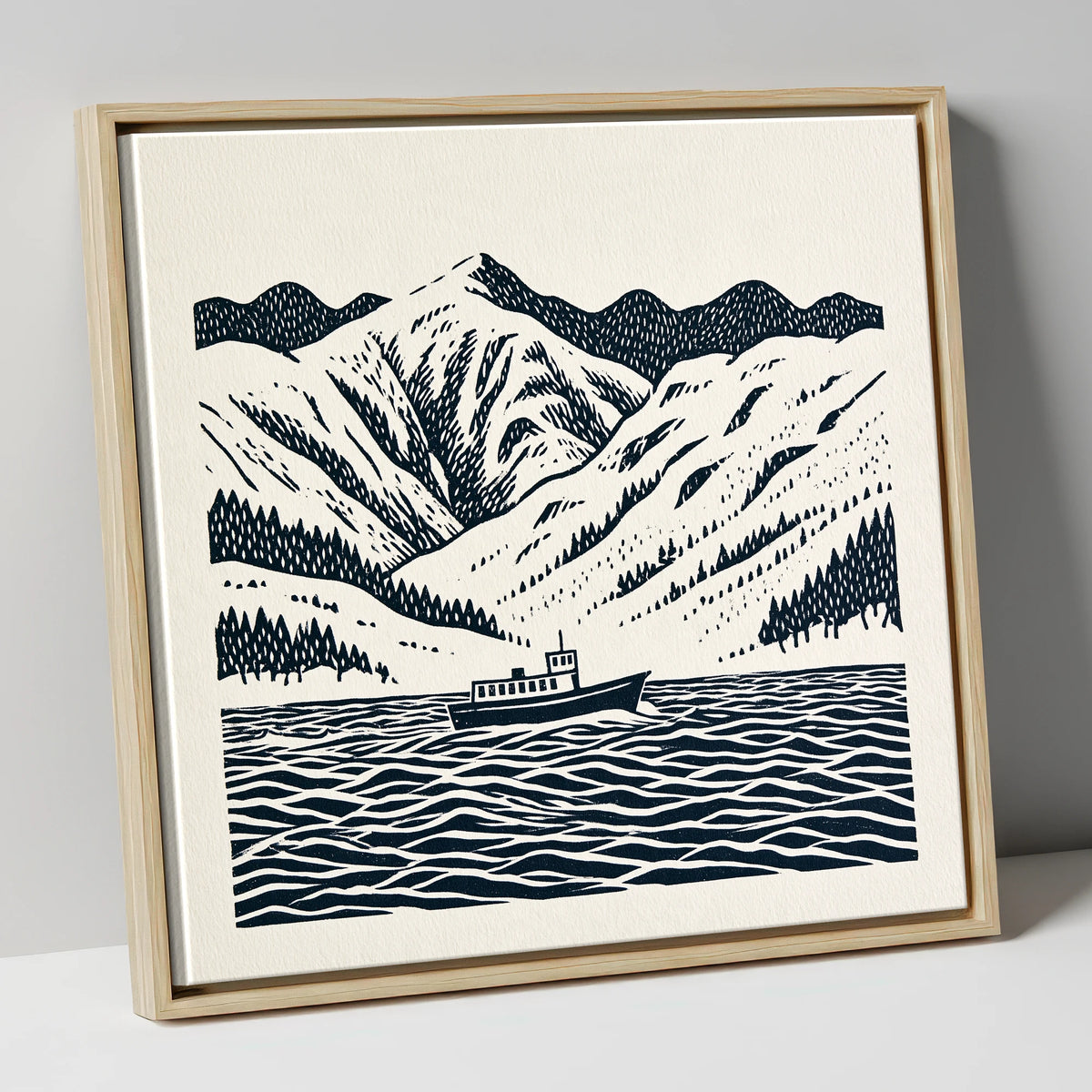 Ullswater Steamer in Deep Navy lake district lake canvas wall art in natural frame