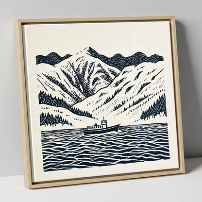 Ullswater Steamer in Deep Navy lake district lake canvas wall art in natural frame