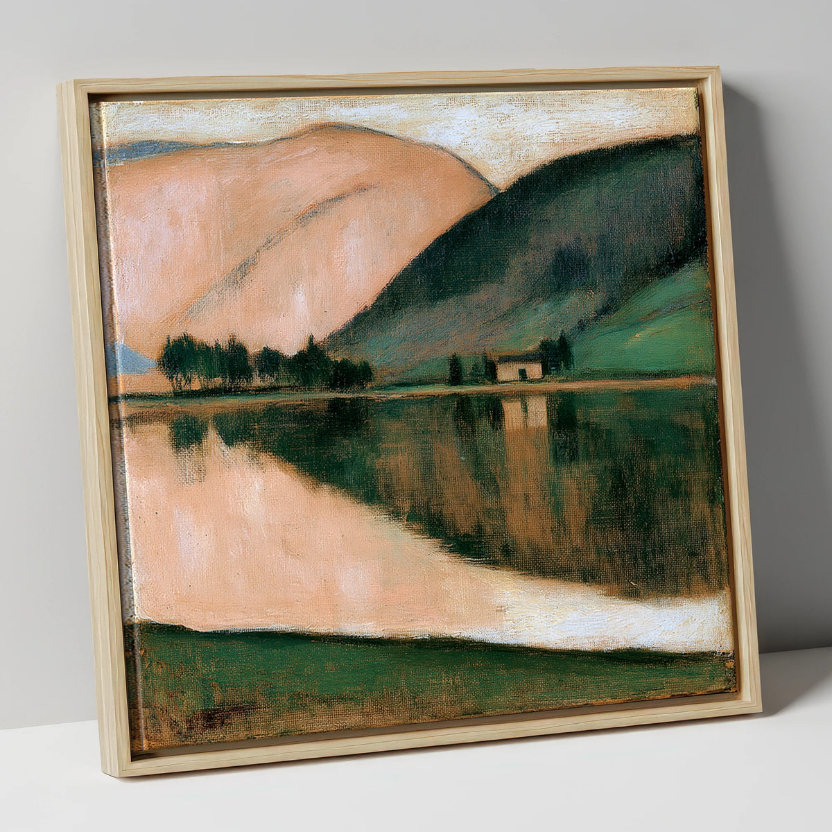 Calm Lake and Terracotta Fells lake district lake canvas wall art in natural frame