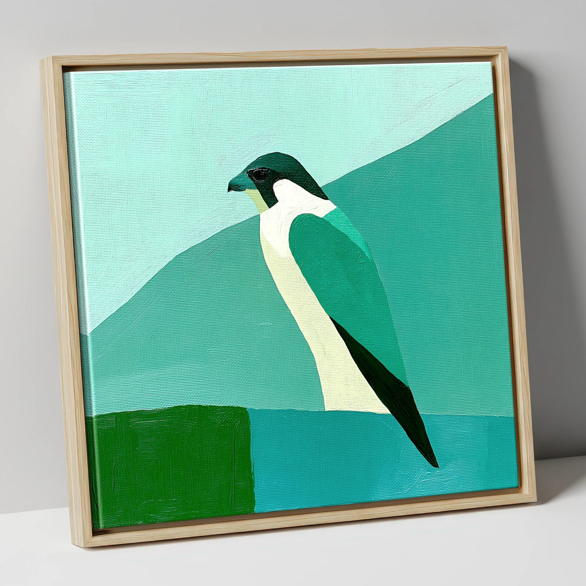 Geometric Teal Peregrine Falcon lake district wildlife canvas wall art in natural frame