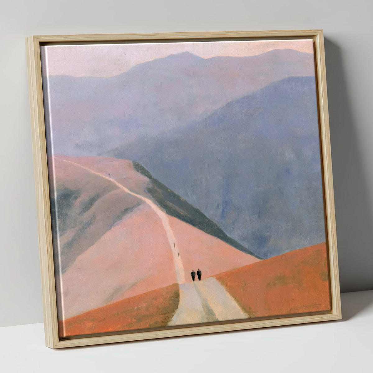 Walkers on a Pastel Mountain Path lake district walking canvas wall art in natural frame