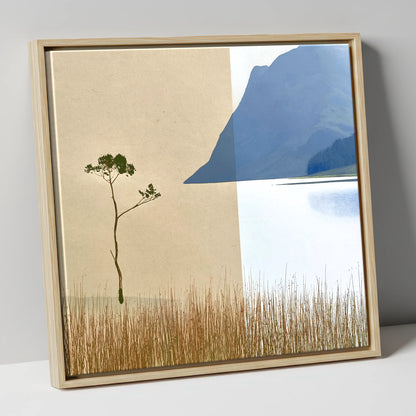 Minimalist Lone Tree at Buttermere lake district lake canvas wall art in natural frame