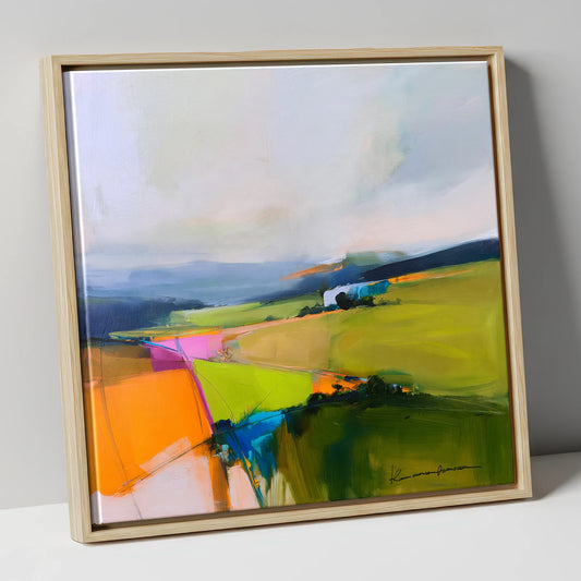 Vivid Patchwork Lakeland Dale lake district valley canvas wall art in natural frame