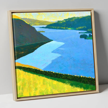 Vibrant Ullswater Above Pooley Bridge lake district village canvas wall art in natural frame