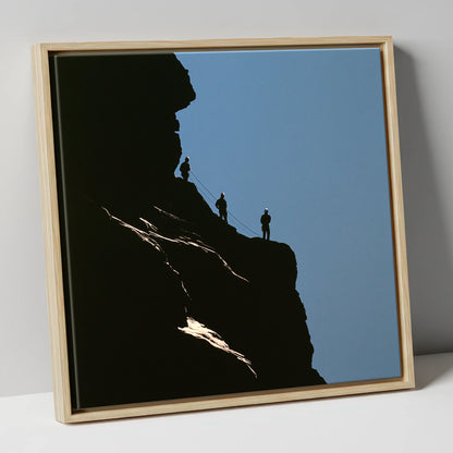 Silhouetted Climbers on a Crag lake district walking canvas wall art in natural frame