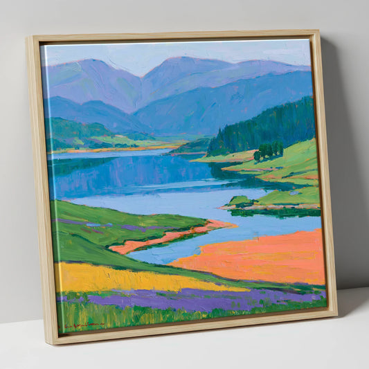 Vibrant Lake and Violet Fells lake district lake canvas wall art in natural frame