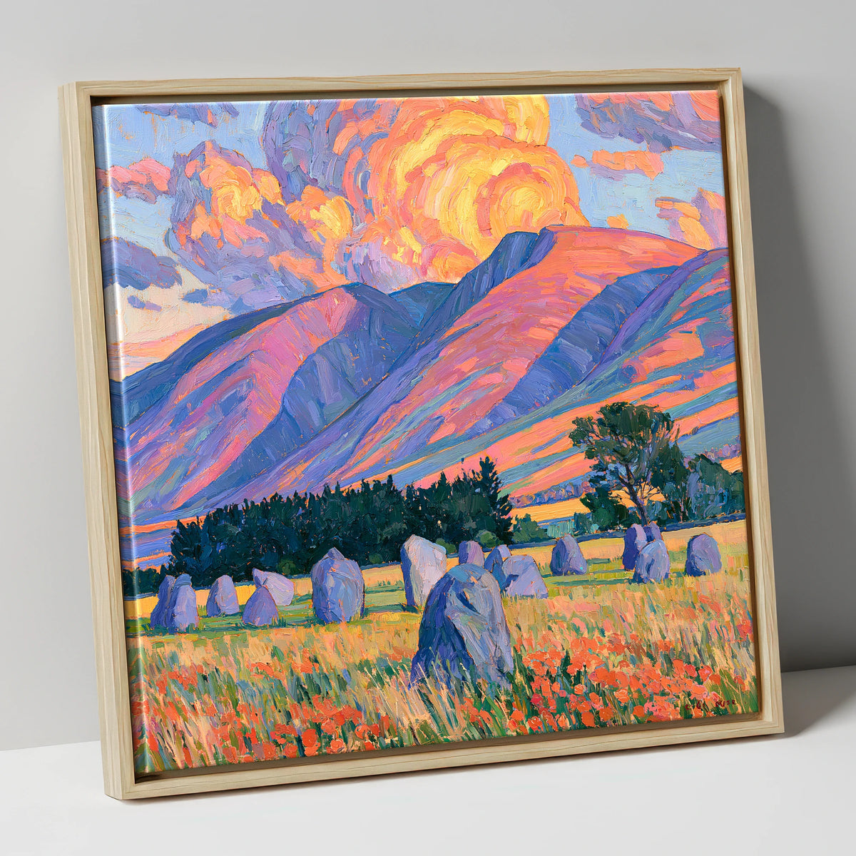 Standing Stones Below Fiery Blencathra lake district fell canvas wall art in natural frame