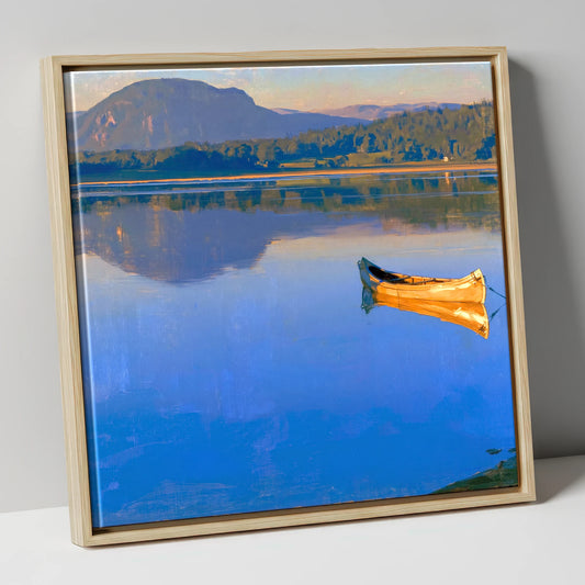 Sunlit Canoe on Lake Windermere lake district lake canvas wall art in natural frame