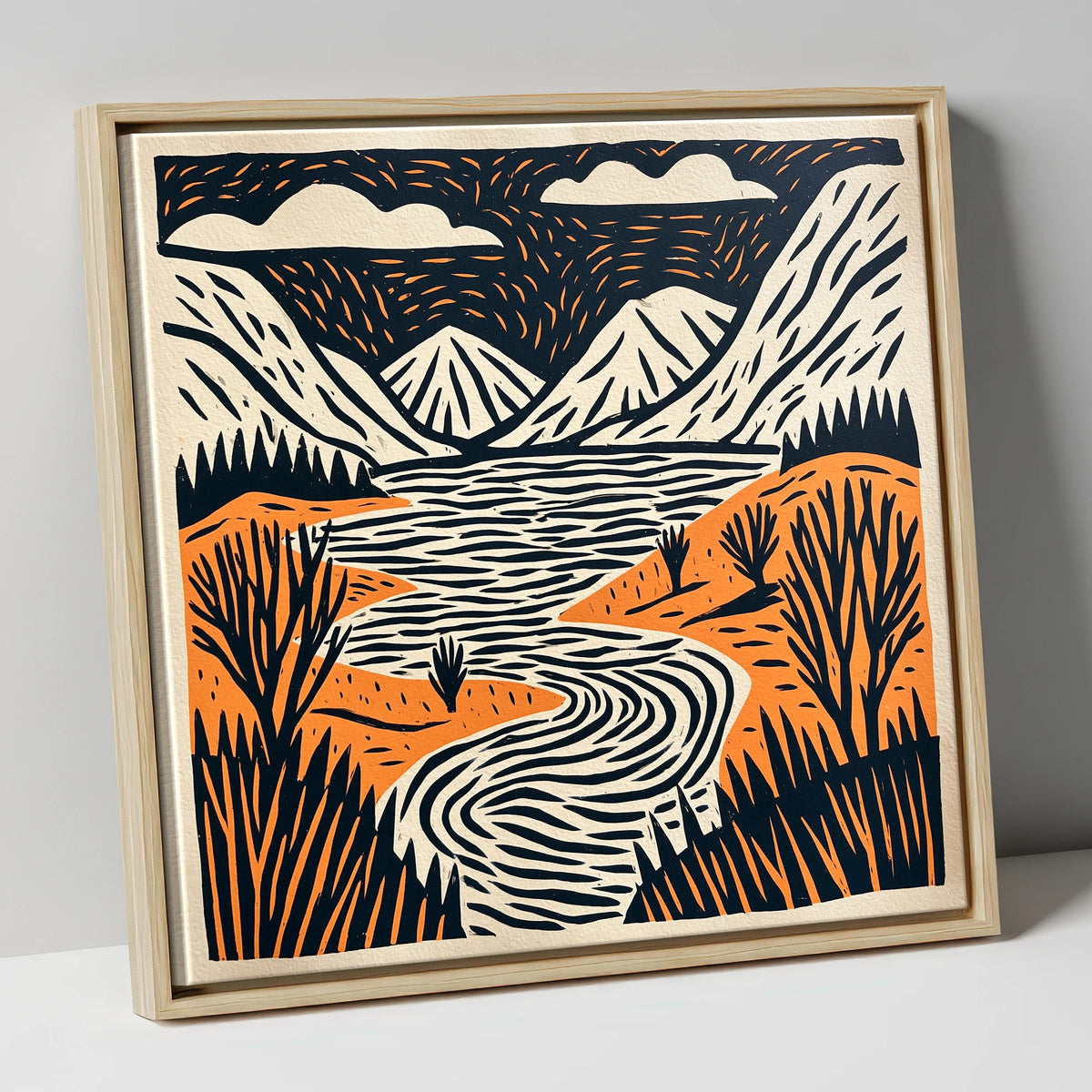 Bold Fells and Winding River lake district lake canvas wall art in natural frame