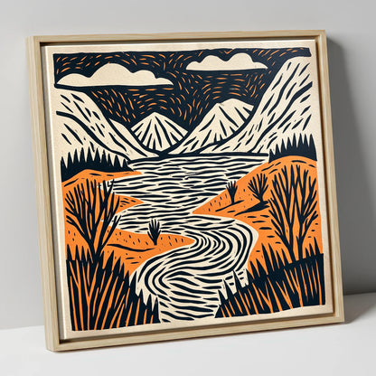 Bold Fells and Winding River lake district lake canvas wall art in natural frame