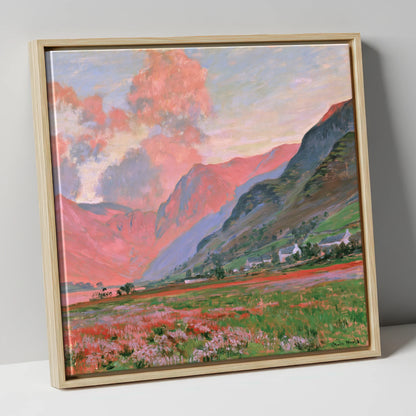 Radiant Pink Sunset Over Fells lake district fell canvas wall art in natural frame