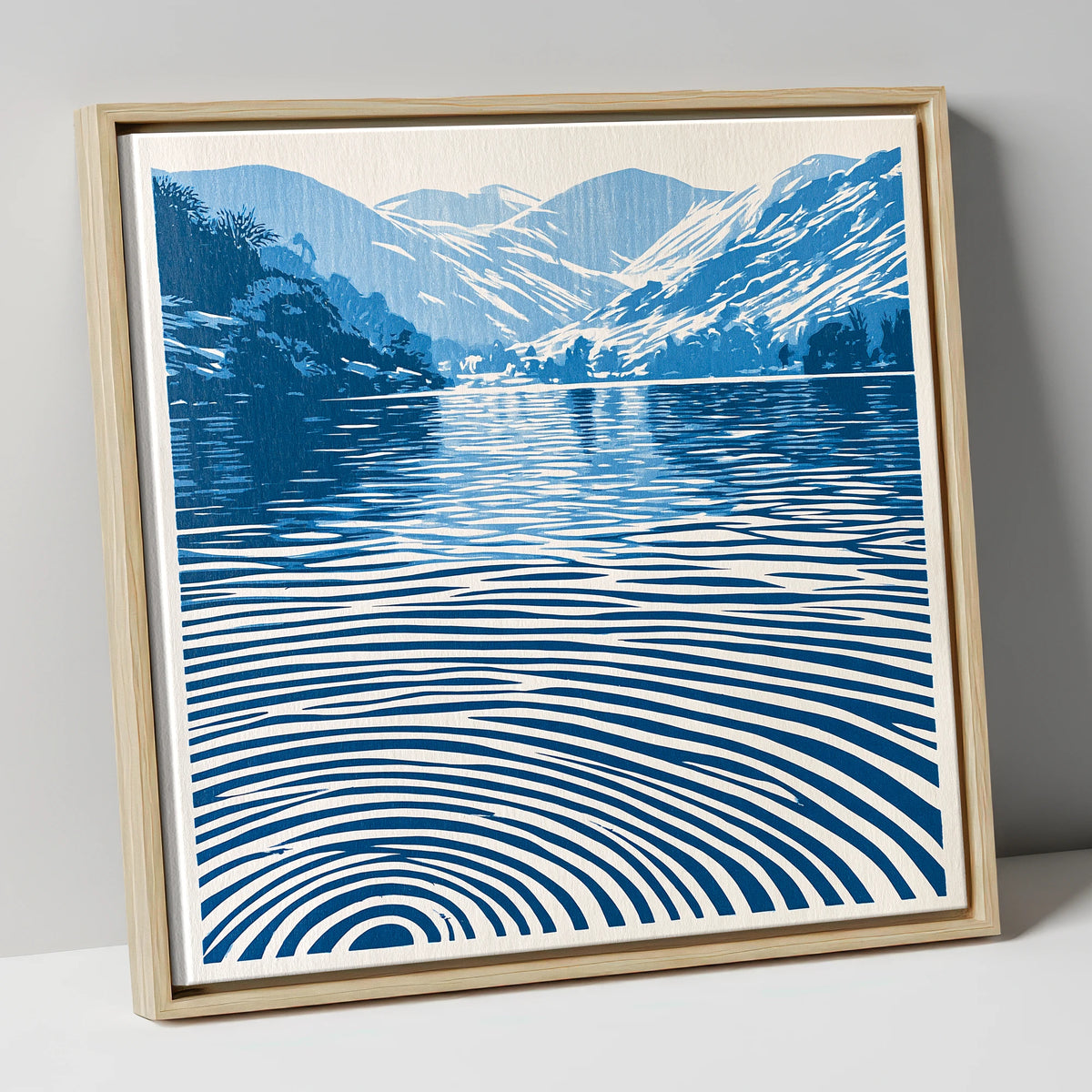 Cobalt Ripples on Dawn Lake lake district lake canvas wall art in natural frame