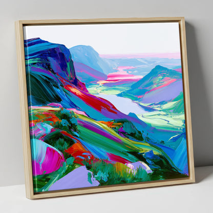 Vibrant Summit Valley View lake district fell canvas wall art in natural frame