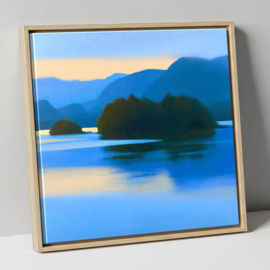 Derwentwater Islands in Ultramarine lake district lake canvas wall art in natural frame