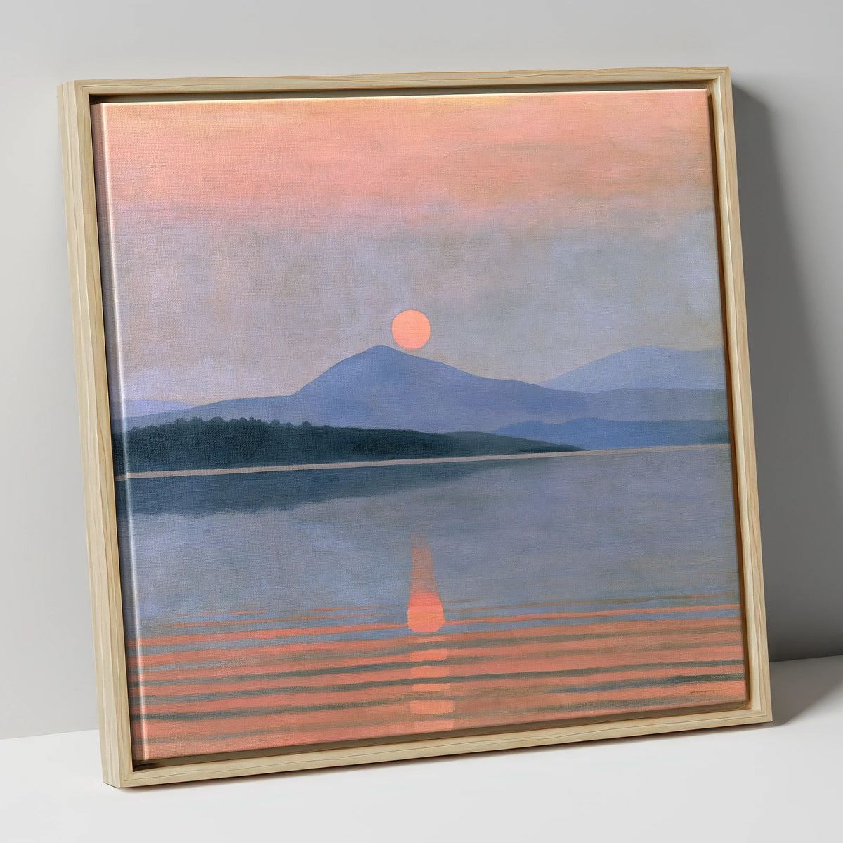 Peach Sunset Over the Water lake district lake canvas wall art in natural frame
