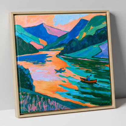 Lake Kayaking in Vivid Colour lake district walking canvas wall art in natural frame