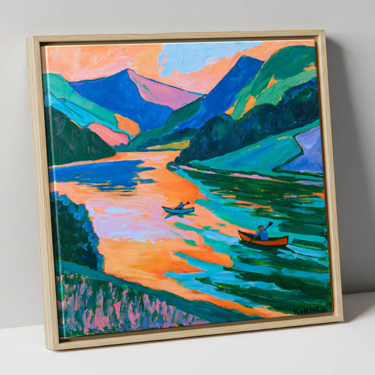 Lake Kayaking in Vivid Colour lake district walking canvas wall art in natural frame