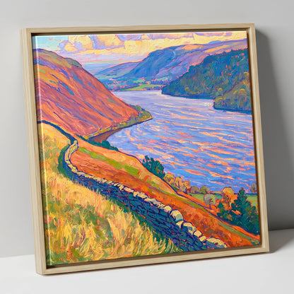 Vivid Ullswater Above Pooley Bridge lake district village canvas wall art in natural frame