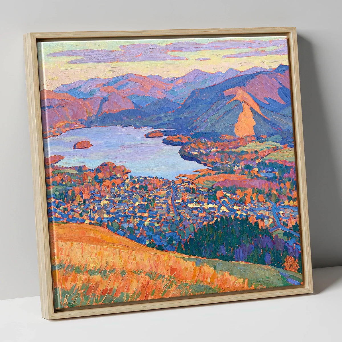 Vibrant Keswick and Derwentwater lake district village canvas wall art in natural frame