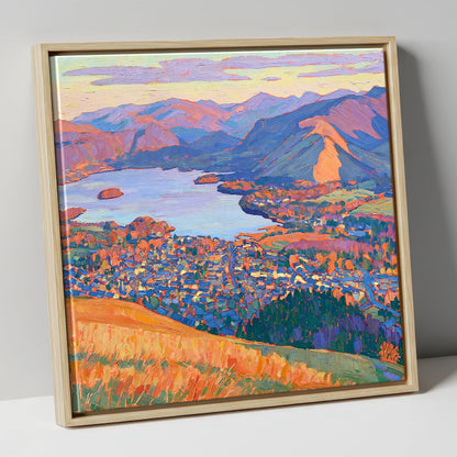 Vibrant Keswick and Derwentwater lake district village canvas wall art in natural frame