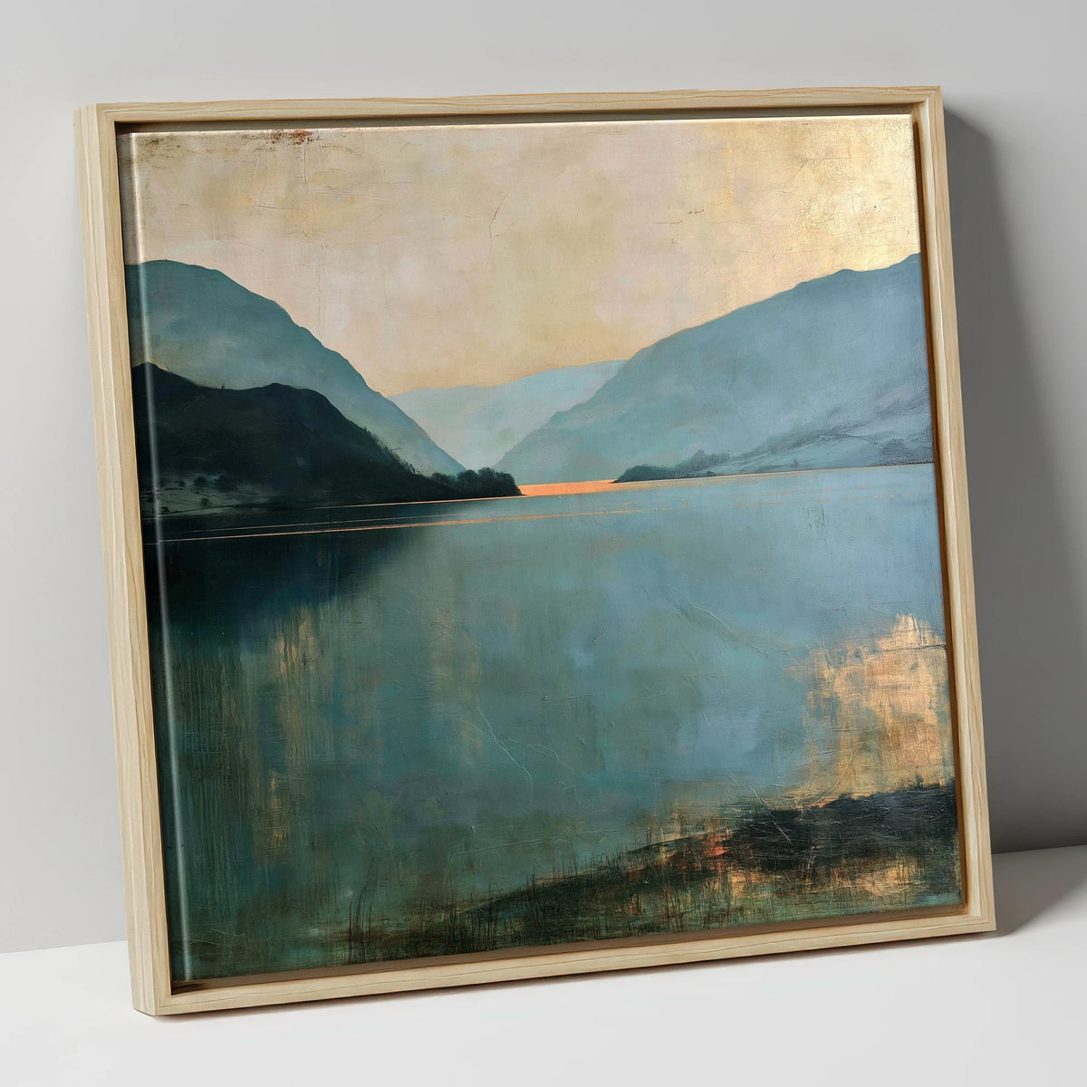 Ullswater Fells in Teal and Gold lake district lake canvas wall art in natural frame