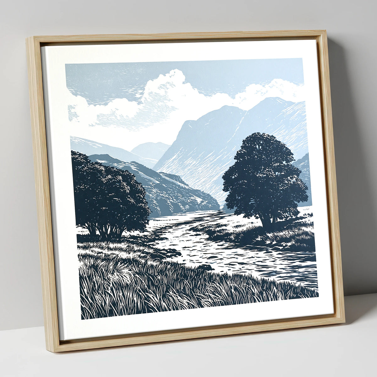 Borrowdale River in Slate Blue lake district valley canvas wall art in natural frame