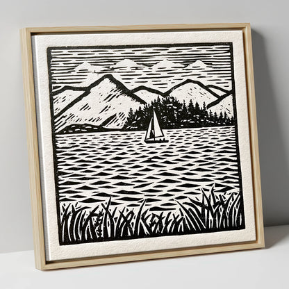 Monochrome Sailboat on Derwentwater lake district lake canvas wall art in natural frame