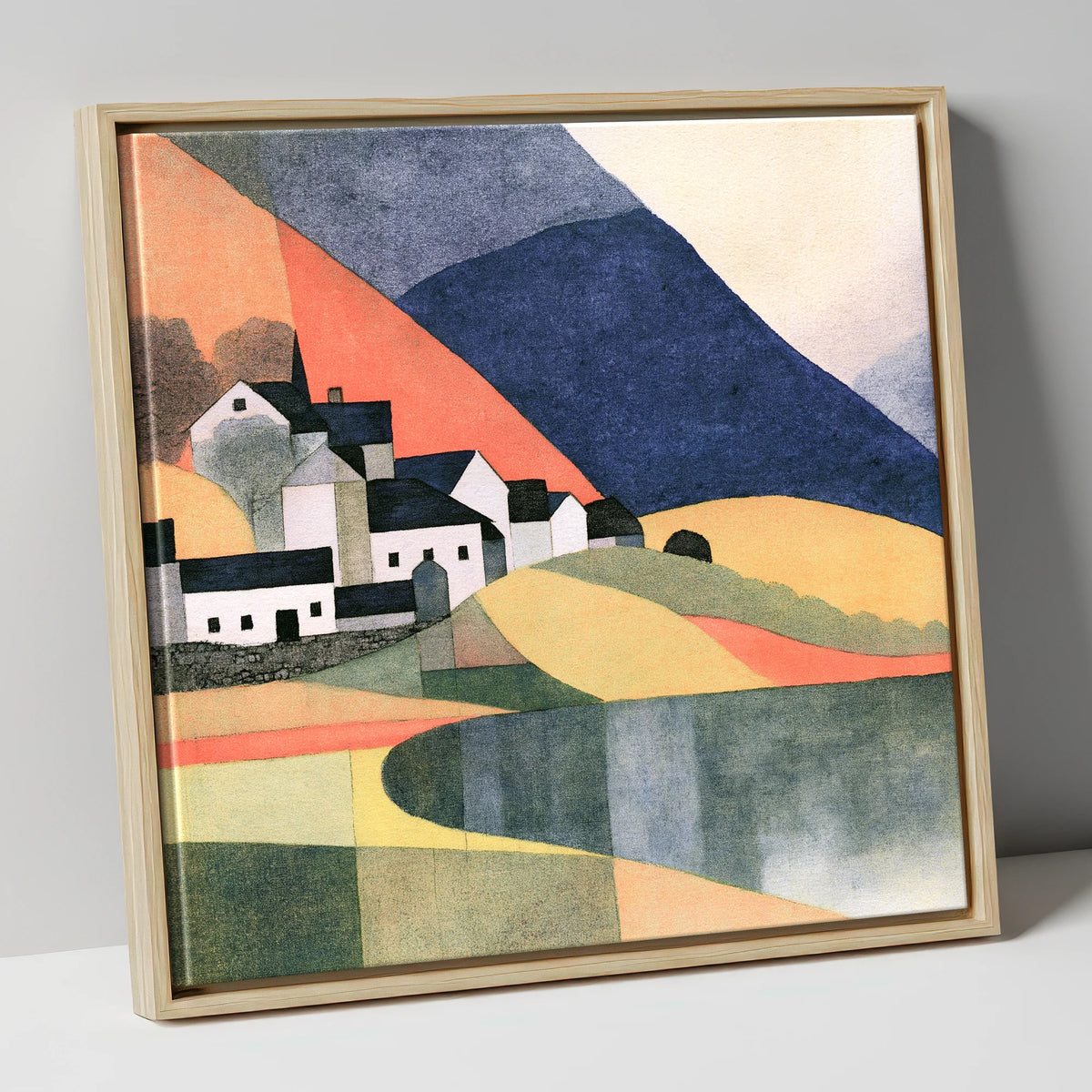 Lakeside Village and Indigo Fells lake district village canvas wall art in natural frame